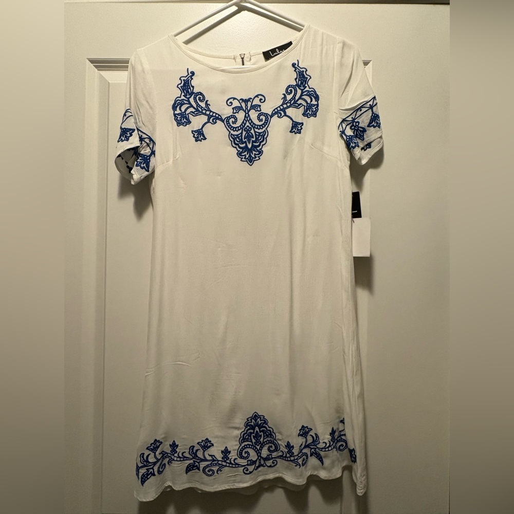 Lulu's White Mini Dress with Blue Detailing